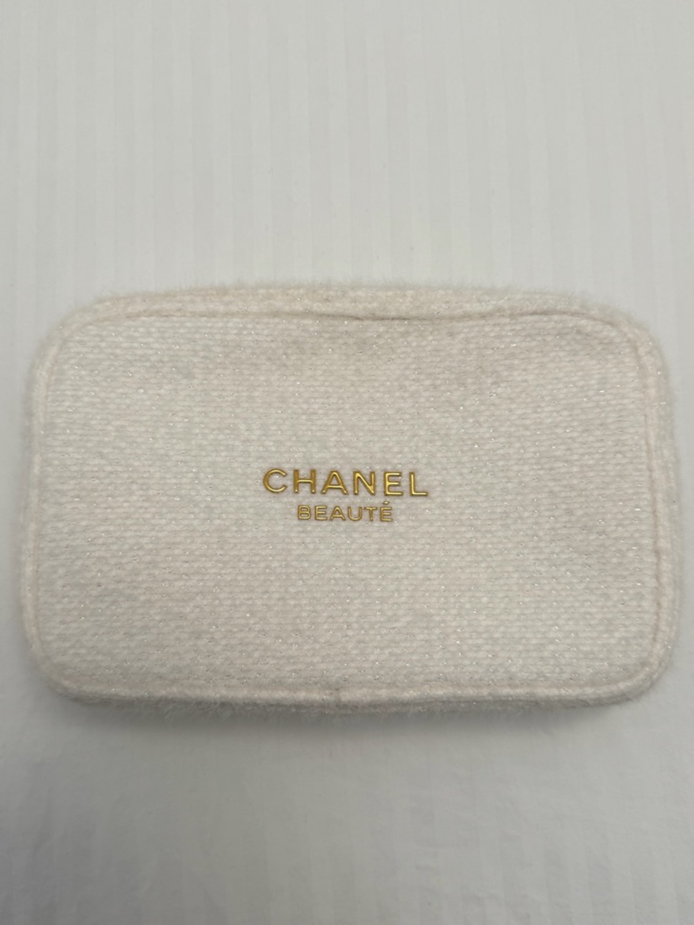 CHANEL Cream Tweed Beauty Pouch with Gold Logo